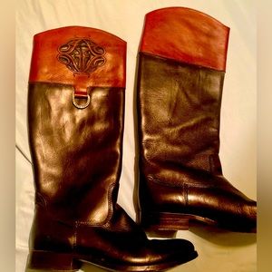 Frye two tone riding style boot with Frye logo at top